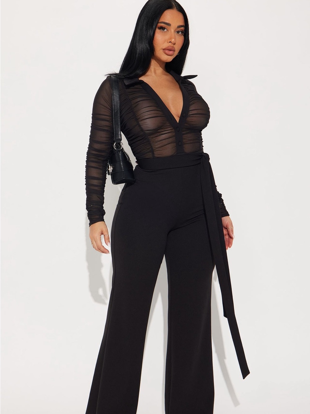 Fashion Nova High-Waist Black Wide-Leg Pants with Tie Waist